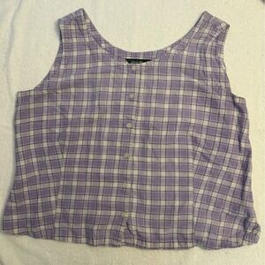 Eddie Bauer Womens Top Pastel Plaid Linen Blend Scoop Neck Sleeveless Buttons XL